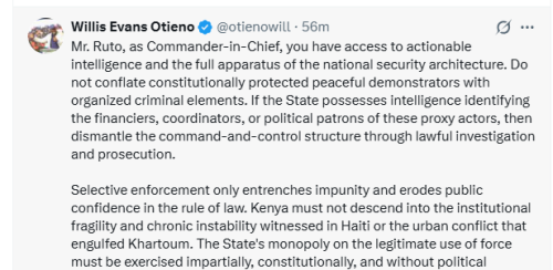 Lawyer Willis Otieno bashes President William Ruto on X. PHOTO/Screengrab by People Daily from X by @otienowill/X