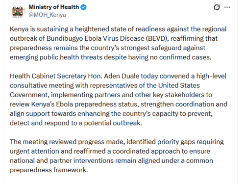 Statement by the Ministry of Health on Thursday, July 2, 2026. PHOTO/Screengrab by People Daily Digital/@MOH_Kenya/X