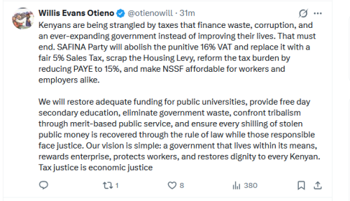 Safina Deputy Party leader Willis Evans Otieno's X post on Friday, July 24, 2026. PHOTO/Screengrab by People Daily Digital/@otienowill/X