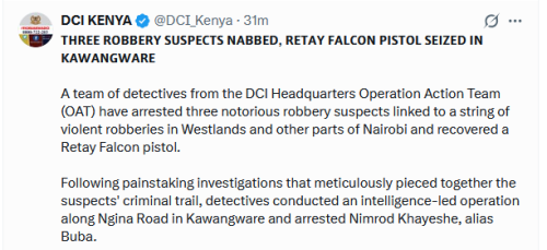The Directorate of Criminal Investigations (DCI X statement on Friday, July 24, 2026. PHOTO/Screengrab by People Daily Digital/@DCI_Kenya/X