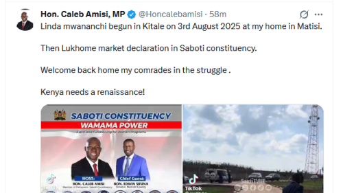 Saboti MP Caleb Amisi's X post on Friday, July 24, 2026. PHOTO/Screengrab by People Daily Digital/@Honcalebamisi/X