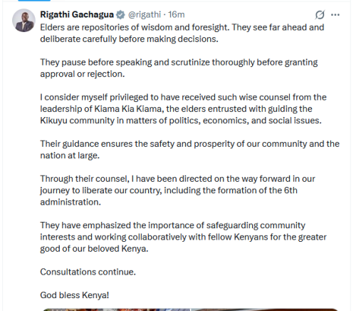 Former Deputy President Rigathi Gachagua's X post on Thursday, July 2, 2026. PHOTO/Screengrab by People Daily Digital/@rigathi/X