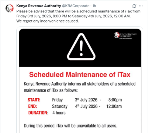 The KRA announcement on iTax outage as posted on X on Friday, July 3, 2026.